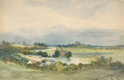Extensive landscape prospect with a fortified building on hill in the background