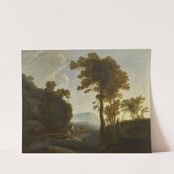 Extensive landscape with a shepherd and shepherdess and their flock by Thomas Jones
