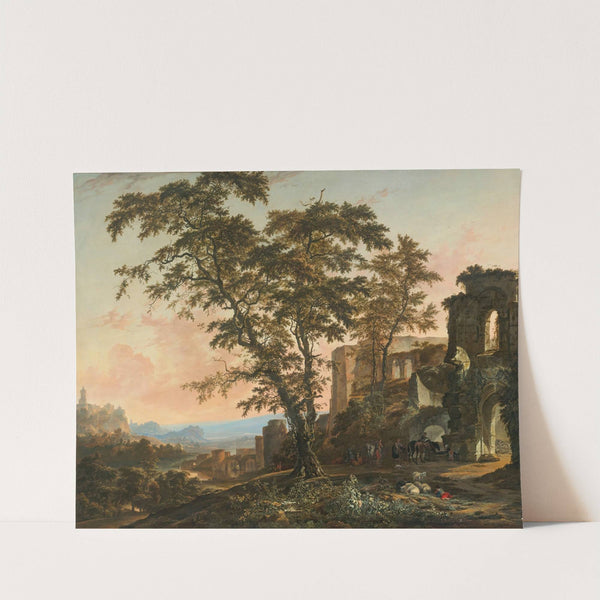 Extensive Rhenish Landscape With Peasants And Animals Resting In The Shade Of Romanesque Ruins by Hendrik van Minderhout