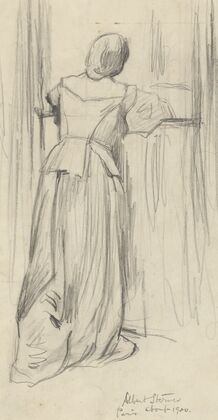 F.l. portrait of woman with back to viewer, at window