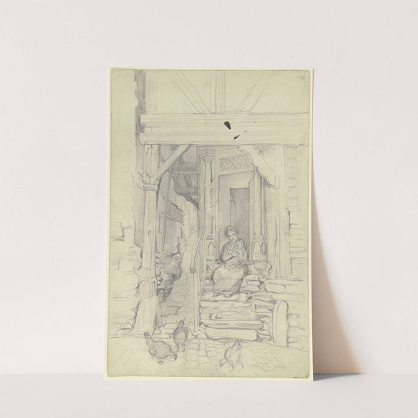 Fachwerkhaus, davor Mutter und Kind, auf einer Treppe sitzend by Otto Scholderer