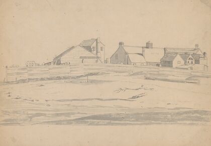 Factory compound as seen from the seashore, perhaps related to Ipswich, Massachusetts