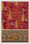 Faisans ordinaires, digitales, fougères et pissenlit, étoffe imprimée. Renard, oiseaux et vigne, bordure.