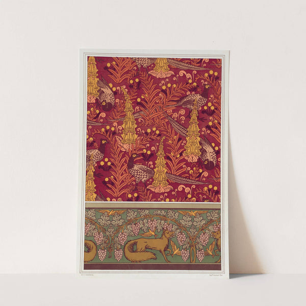 Faisans ordinaires, digitales, fougères et pissenlit, étoffe imprimée. Renard, oiseaux et vigne, bordure. by Maurice Pillard Verneuil