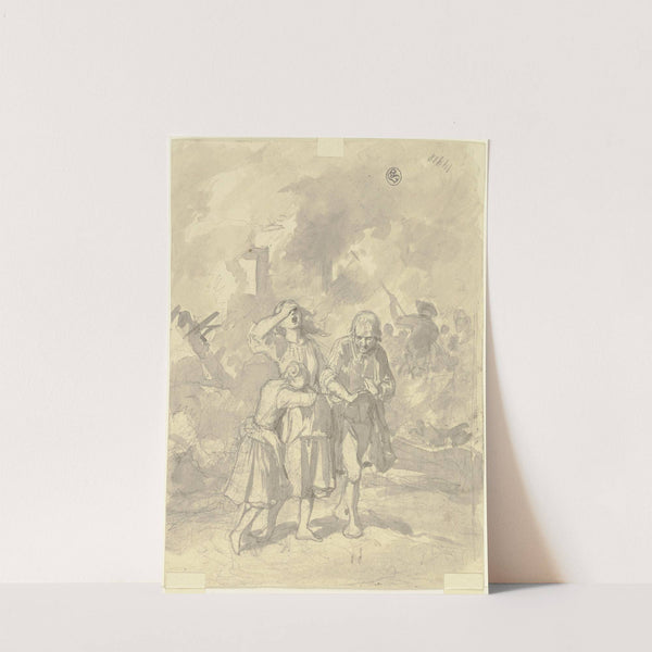Familie vor brennendem Haus by Jakob Becker