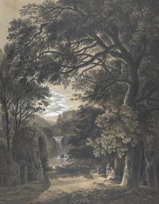 Family Gathered Before a Monument in a Landscape with a Waterfall