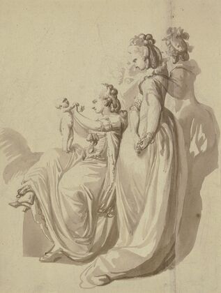 Family group, the mother sits next to three standing figures, holding a naked child on her knee