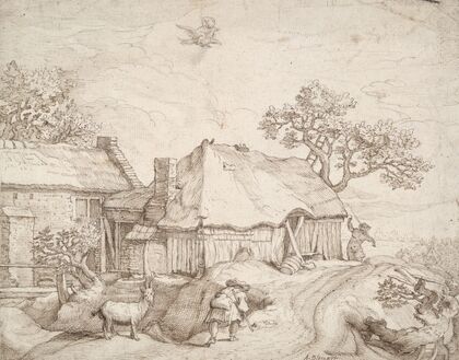 Farm Buildings with Peasants, a Goat, and the Abduction of Ganymede