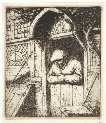 Farmer leaning out of a doorway