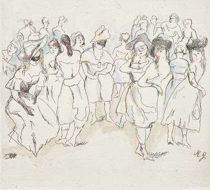 Faschingsszene mit maskierten Männern und Frauen (1910-1914)