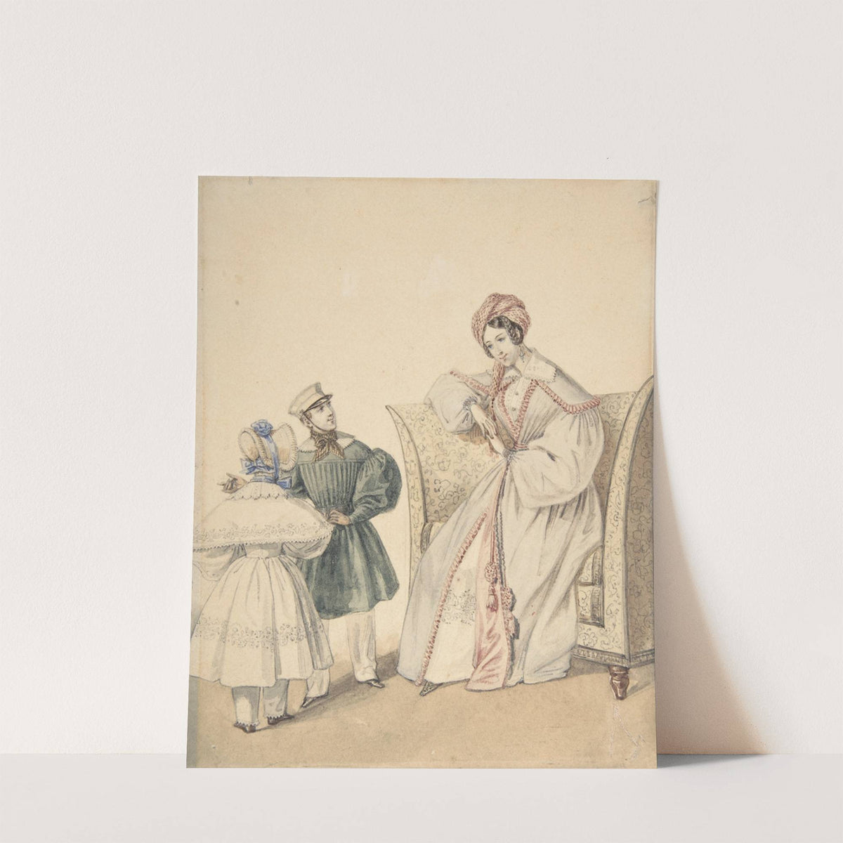 Fashion Drawing with a Woman Seated in a Chair with a Boy and Girl by Pierre-Numa Bassaget