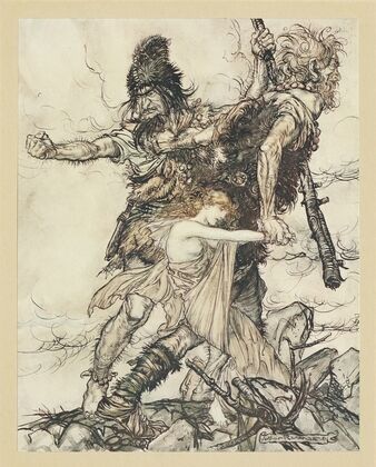 Fasolt suddenly seizes Freia and drags her to one side with Fafner