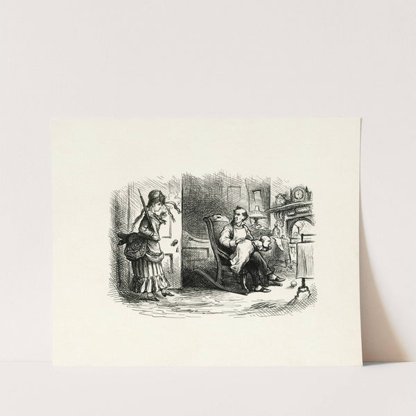 Father seated in rocking chair, infant on his lap, mother enters doorway holding cigarette and parasol by Thomas Nast