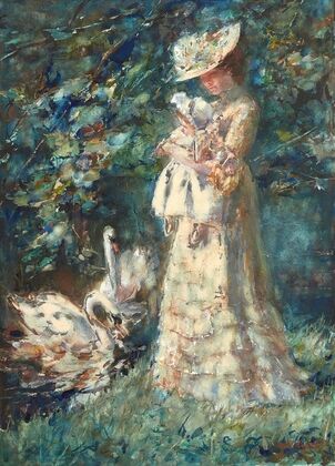 Feeding the Swans, the Artist’s Wife Tjieke and their Daughter Albertine