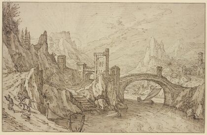 Felsiges Flußtal, im Vordergrund eine Bogenbrücke, rechts eine Stadt