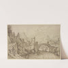 Felsiges Flußtal, im Vordergrund eine Bogenbrücke, rechts eine Stadt by Tobias Verhaecht