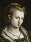 Female head turned to the right with a pearl necklace