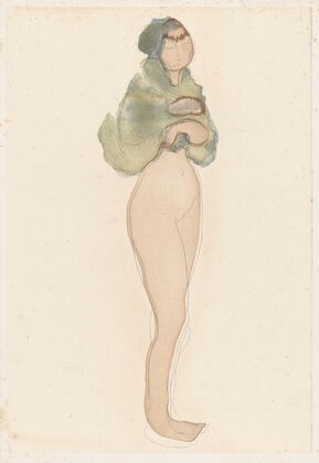 Female nude, standing, green wrap around shoulders and head (1902)