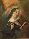 Female saint holding crucifix while crown of thorns is placed on her head by an angel (1914)