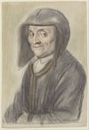 Femme âgée, coiffée d’un chaperon noir à doublure brune assorti à son manteau, vue de trois quarts à gauche
