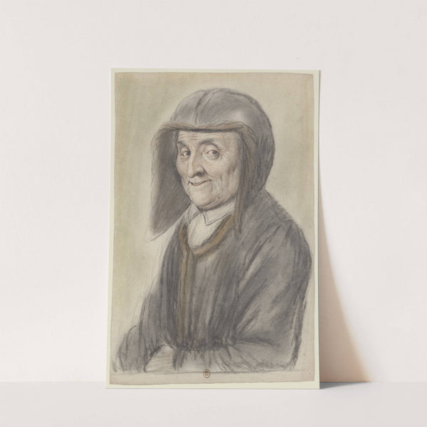Femme âgée, coiffée d’un chaperon noir à doublure brune assorti à son manteau, vue de trois quarts à gauche by Nicolas Lagneau
