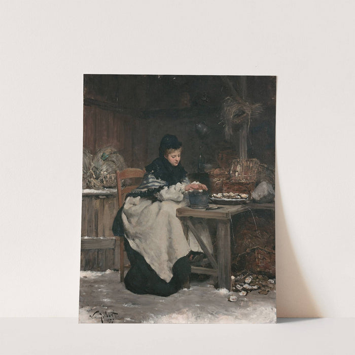 Femme assise à une table se réchauffant les mains après avoir ouvert des huîtres by Victor Gabriel Gilbert