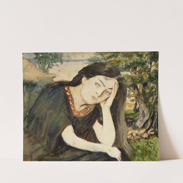Femme assise, aux cheveux longs, la tête appuyée dans la main gauche by Arthur-Joseph Gueniot