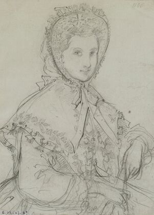 Femme assise avec coiffe nouée sous le menton et capeline (1857-1867)