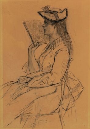 Femme assise de profil Ã  l’Ã©ventail