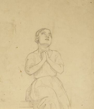 Femme assise, mains jointes au recto