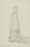 Femme avec coiffe à voile, en manteau boutonné sur les côtés sur longue robe ornée de noeuds et bordée d’un rang de vola (1871-1881)