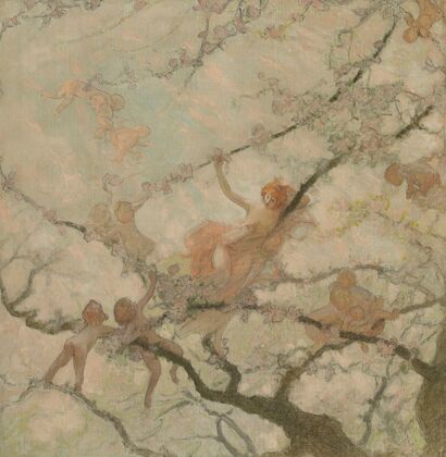 Femme et enfants dans des branchages