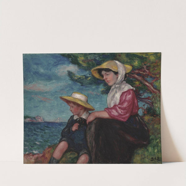 Femme et jeune garçon assis au bord de la mer by Georges d'''Espagnat