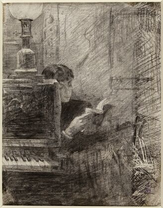 Femme lisant Ã  l’angle d’un piano