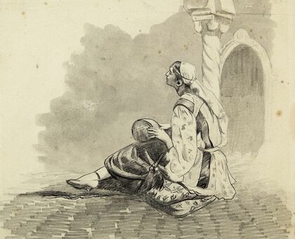 Femme mauresque assise devant une colonne torsadée