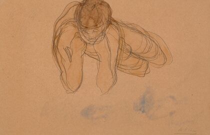 Femme nue couchée de face, sur le flanc droit, accoudée et les poings au menton (circa 1900)
