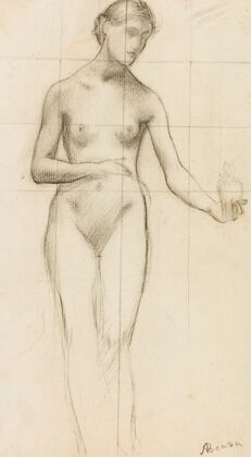 Femme nue tenant un objet à hauteur de hanche (Pandore)
