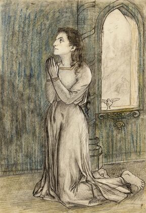 Femme, pieds nus, agenouillée vers la gauche, dans une église, et priant (1898)