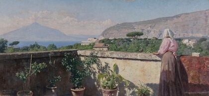 Femme sur la terrasse de l’hôtel Cocumella. Vue sur le Vésuve (1897)