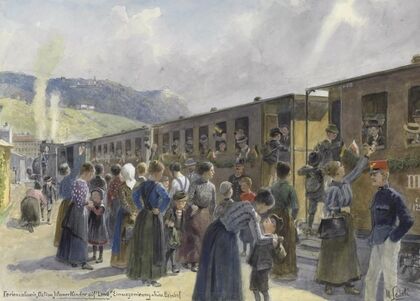 Feriencolonie, Action ‘Wiener Kinder auf’s Land’ Einwagonierung a Fr. Jos. Bahnhof (1916)