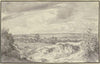 Fernsicht mit einer Stadt, vorne ein Reiter und zwei Fußgänger