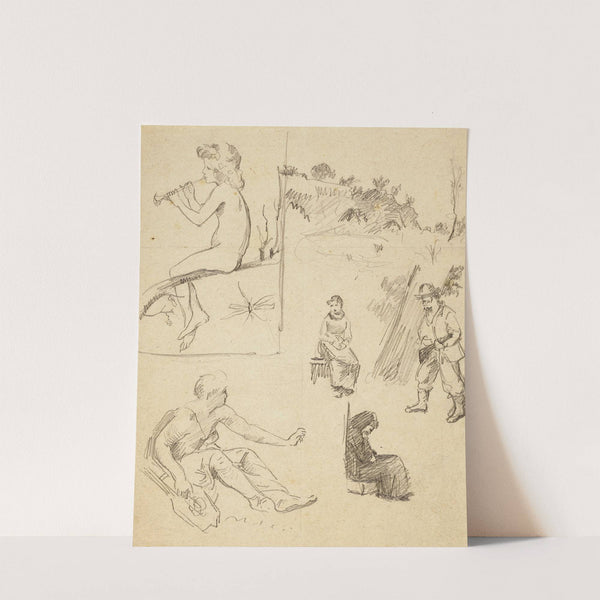 Feuille avec six études dont un paysage, deux femmes assises, un chasseur, un enfant nu jouant de la flûte by Arthur-Joseph Gueniot