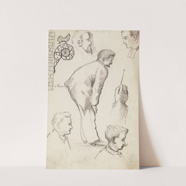 Feuille d&#8217;étude avec quatre têtes d&#8217;hommes, un homme penché, une main droite tenant un pinceau et une enseigne by Arthur-Joseph Gueniot