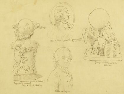 Feuille d’études avec deux portraits de Pilatre de Rozier et deux terres cuites de Clodion