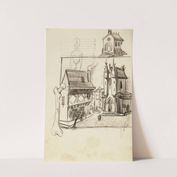 Feuille d&#8217;études avec une ville médiévale, un fémur, un pharaon by Arthur-Joseph Gueniot