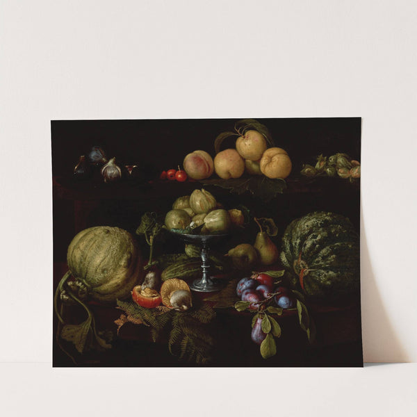 Figs on a Tazza with Pears, Quinces, Melons, Plums, Mushrooms on a Table, with Figs, Cherries, Peaches, and Acorns on a Ledge Above by Giovanni Battista Crescenzi