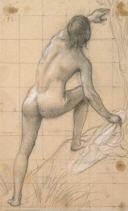 Figure nue de dos, bras gauche tendu vers le haut