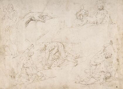 Figure Studies; Three Sketches of Cain Killing Abel, with an Altar of Sacrifice at Center, Two Standing Women, a Hand, and a Seated Child with a Squirrel