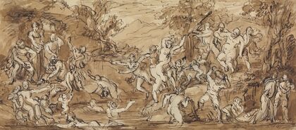 Figure Study of a Bacchanalia Celebration in a Wooded Landscape.