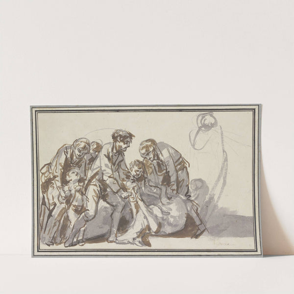 Figurengruppe mit zwei Männern, die einer am Boden liegenden toten Hirschkuh die Hufe zusammenzubinden versuchen by Jean-Baptiste Greuze